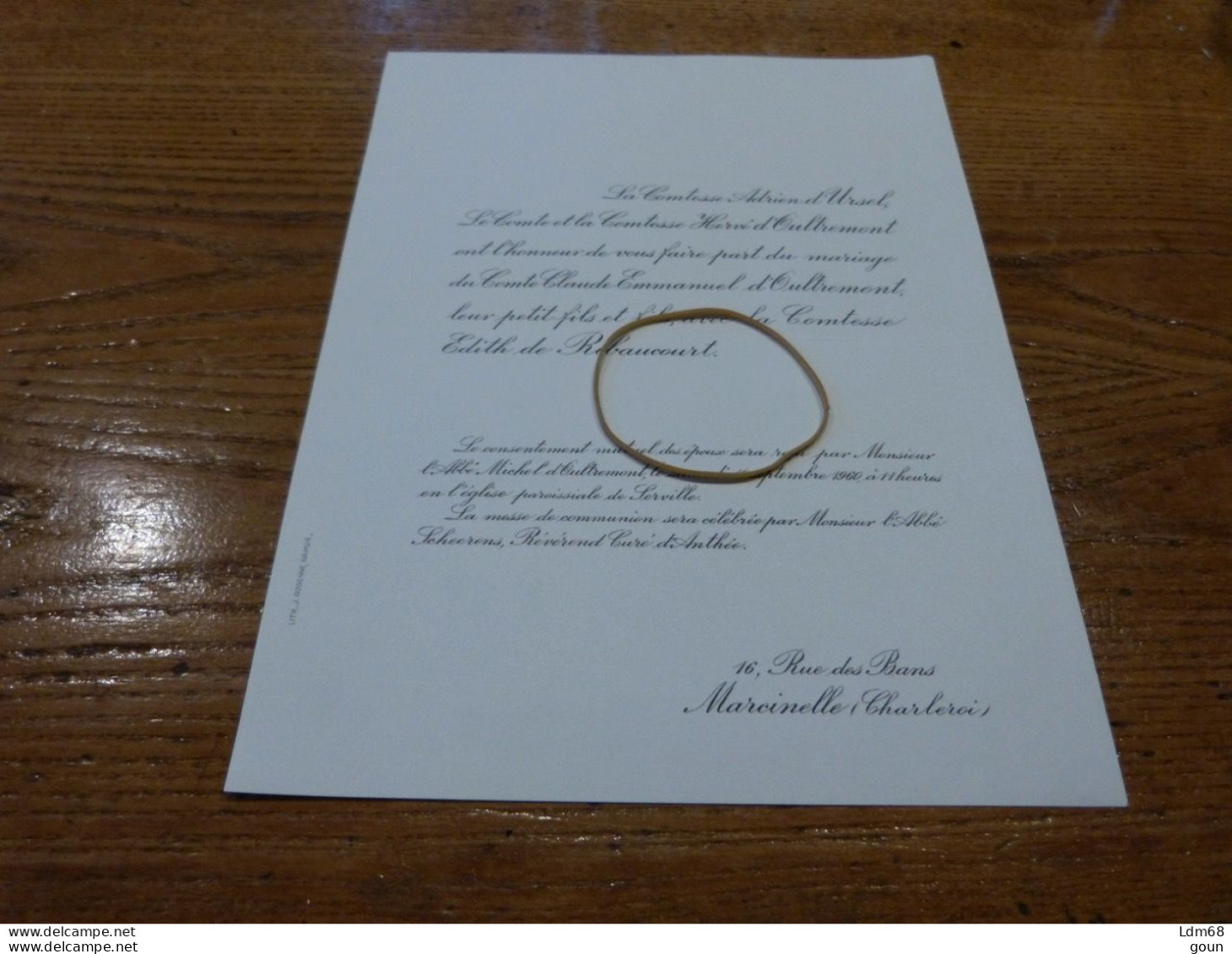 Comte I17-10 Invitation Comtesse Edith De Ribaucourt Claude D'Oultremont   Anthée - Mariage