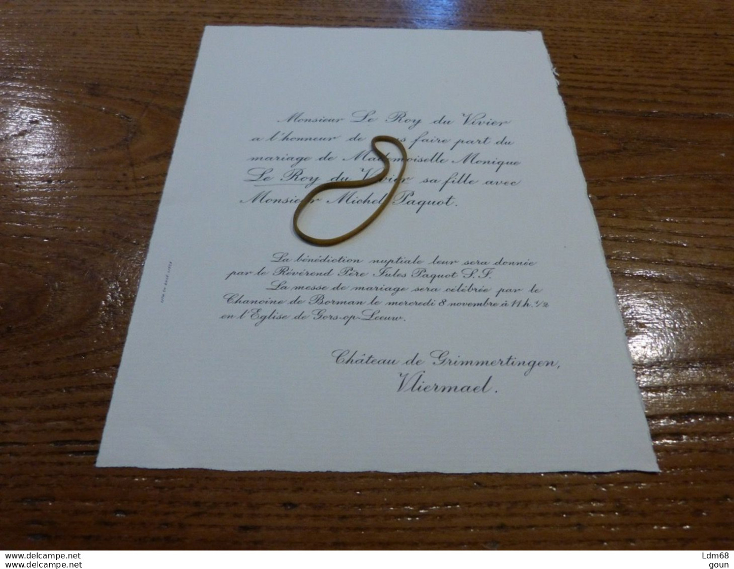 I7-1 Invitation Mariage  Monique Le Roy Du Vivier Michel Paquot  Chateau De Grimmertingen Vlermaal Gorps Op Leeuw - Mariage