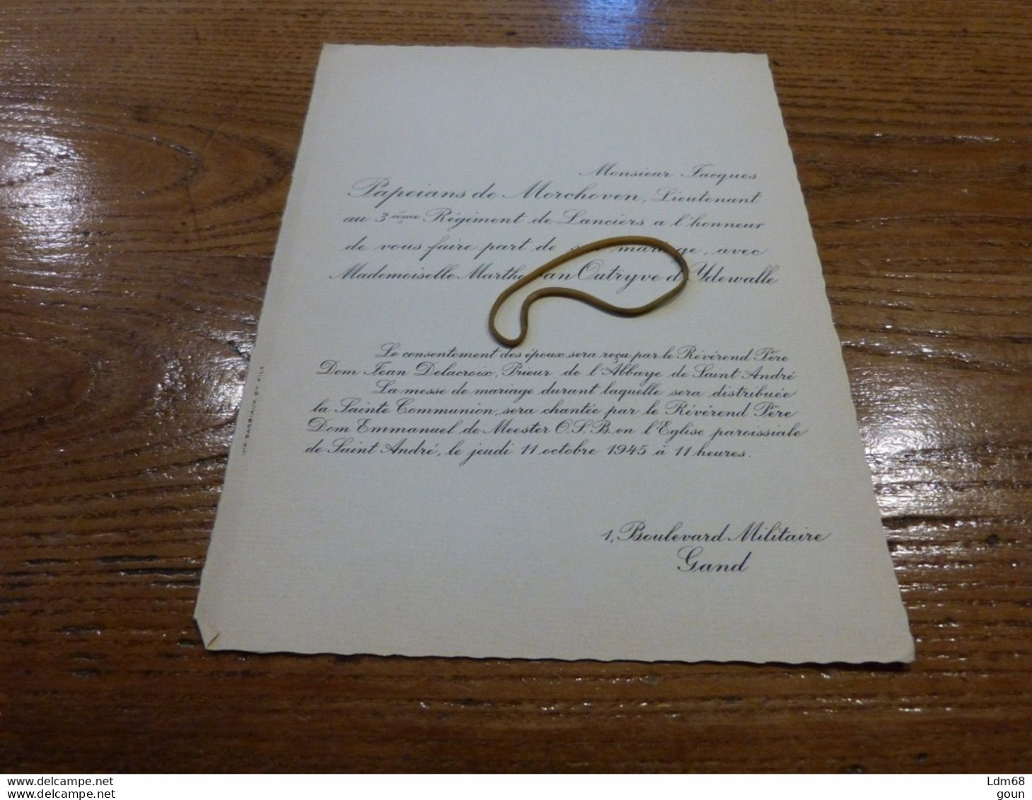 I7-1 Invitation Mariage   Jacques Papeians De Morchoven Marthe Van Outryve D'Yderwalle 1945 - Mariage