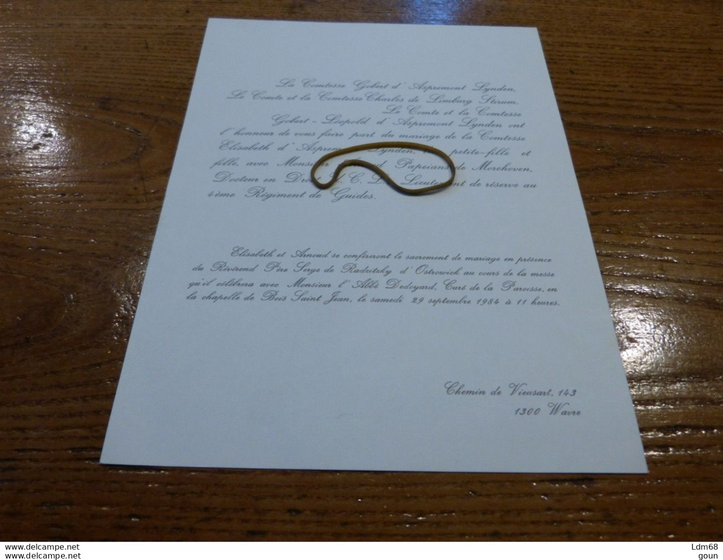 I7-1 Invitation Mariage Comtesse Elisabeth D'Aspremont Lynden  Arnould Papeians De Morchoven 1984 Wavre - Mariage