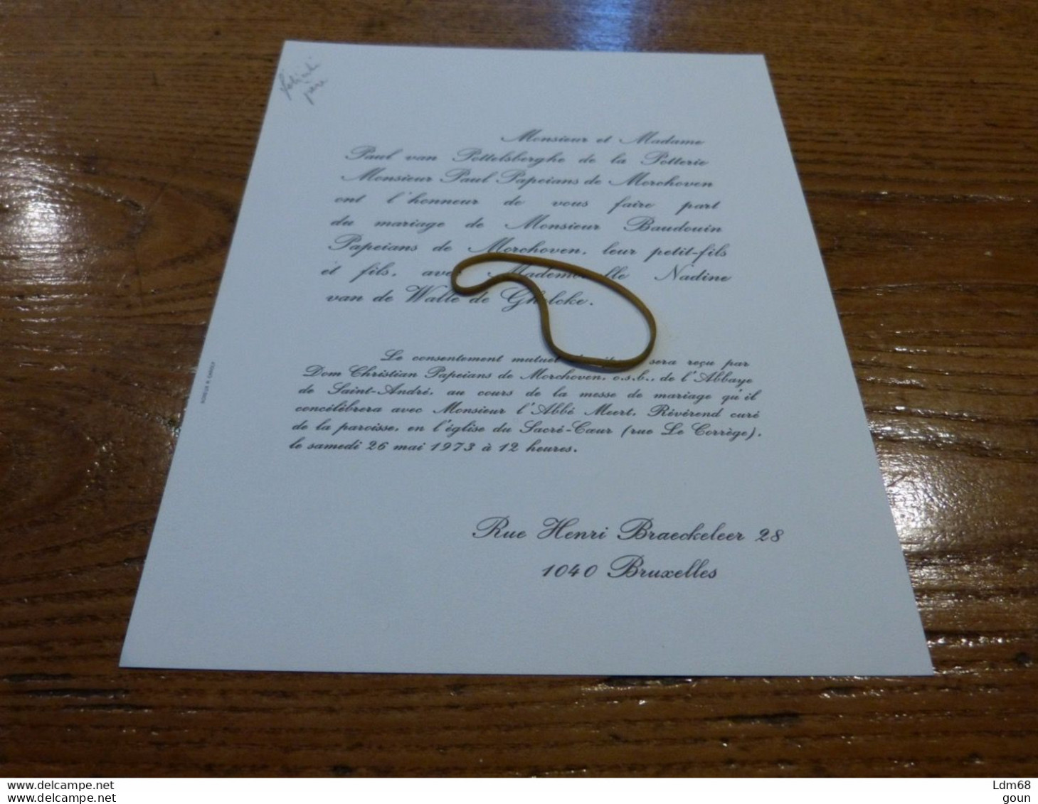 I7-1 Invitation Mariage Baudouin Papeians De Morchoven Nadine Van De Walle De Ghelcke 1973 - Mariage