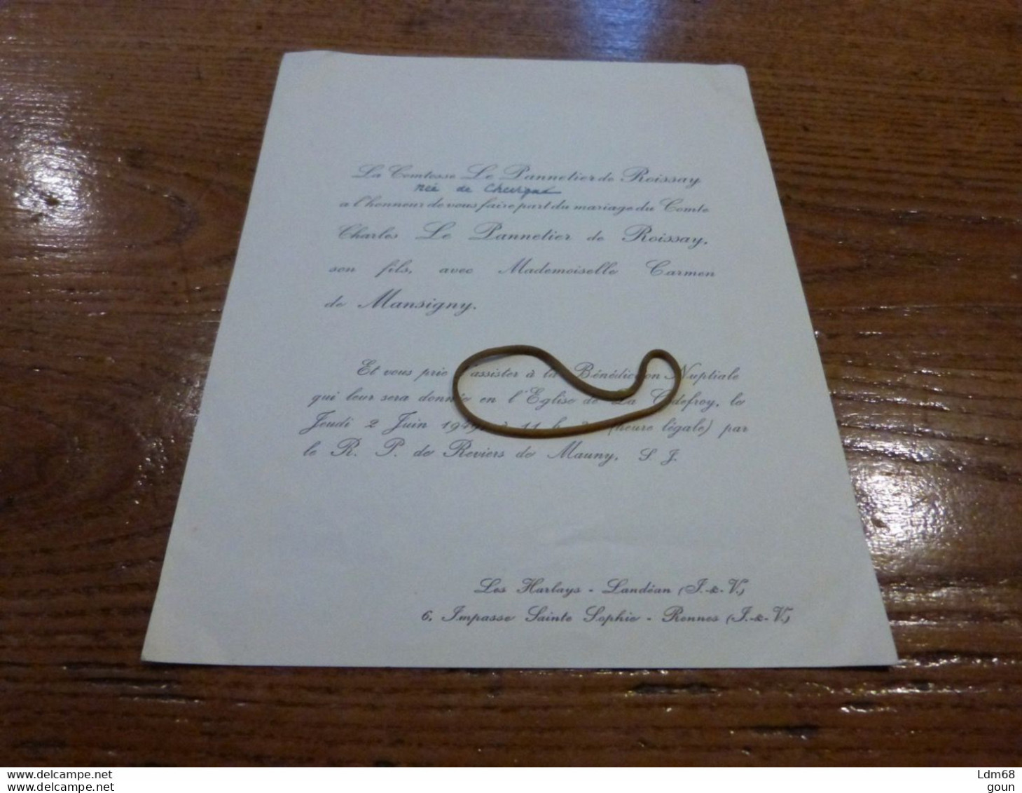 I7-1 Invitation Mariage  Comte Charles Le Pannetier De Roissay Carmen De Mansigny La Godefroy - Mariage