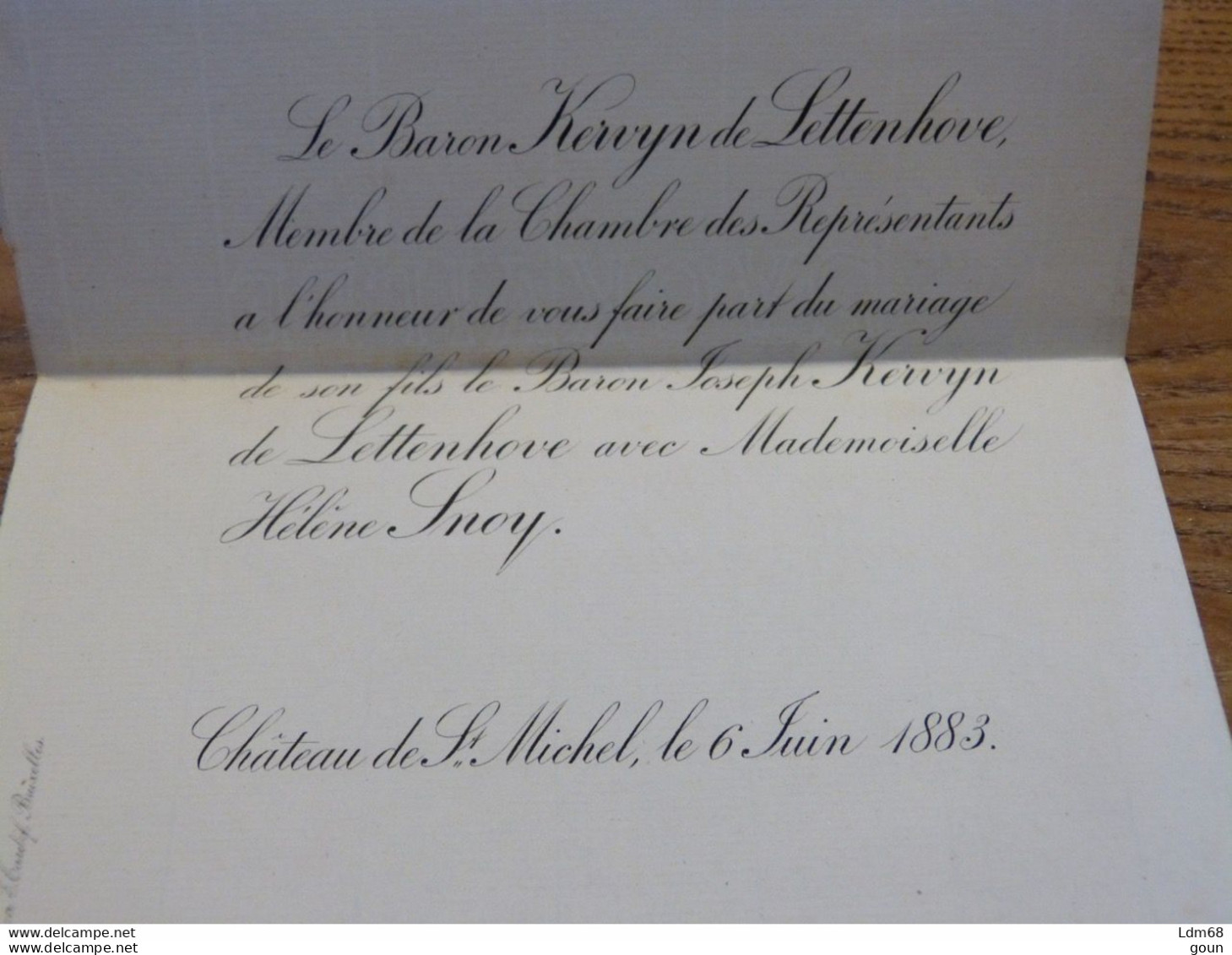 Faire-part Mariage Noblesse  Baron Joseph Kervyn De Lettenhove / Hélène Snoy Château St-Michel 1883 Sint-Michiels - Mariage