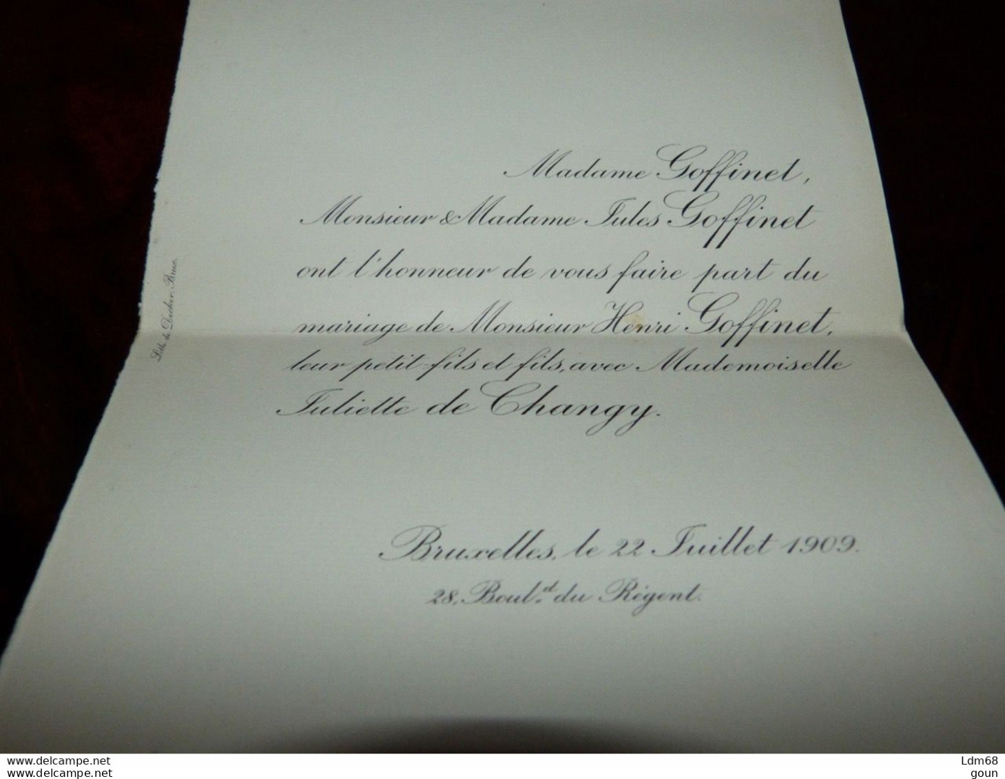 Faire-part Mariage Noblesse Henri Goffinet / Juliette De Changy Bxl 1909 - Mariage