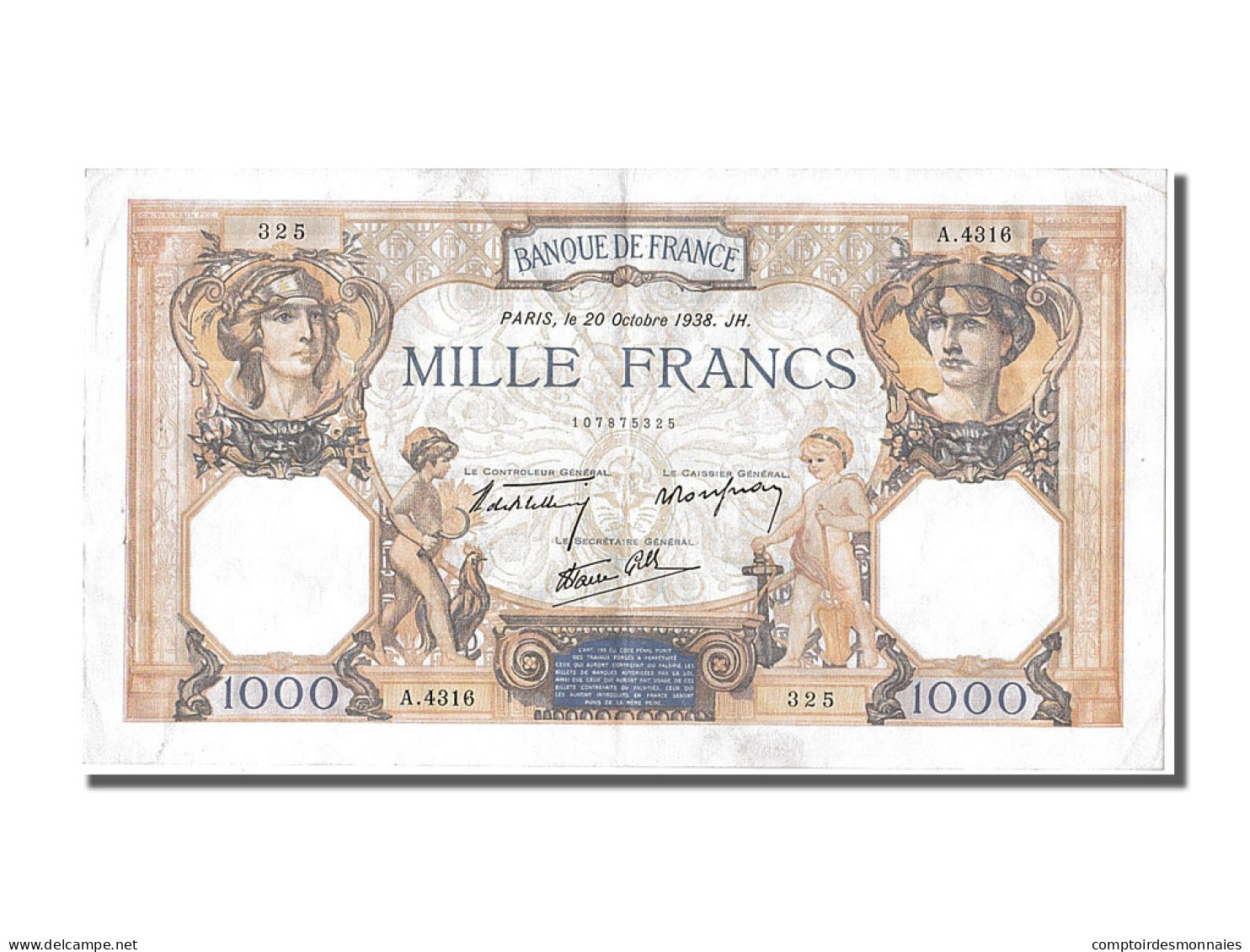 Billet, France, 1 000 F 1927-1940 ''Cérès Et Mercure'', 1938 - 1 000 F 1927-1940 ''Cérès Et Mercure''