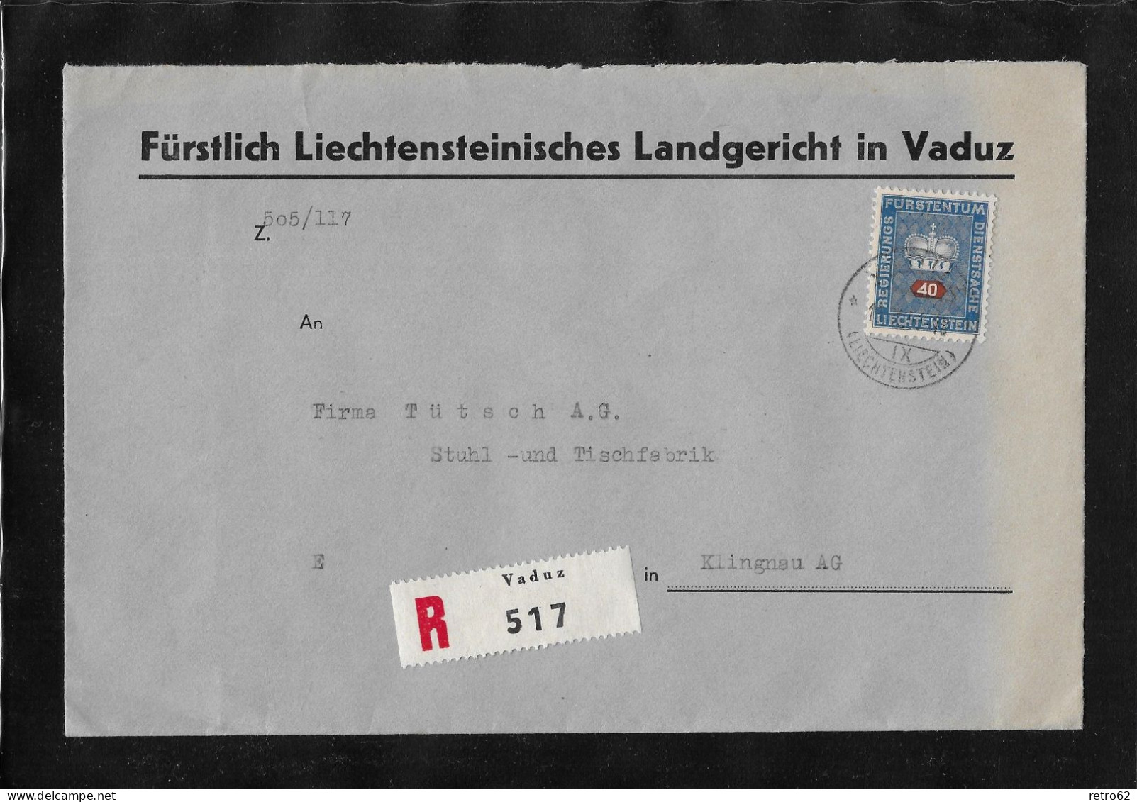 1958 BRIEF LANDGERICHT VADUZ ► Chargé Brief Mit Dienstmarke (SBK-D40)  Von VADUZ Nach KLINGNAU / AG - Official