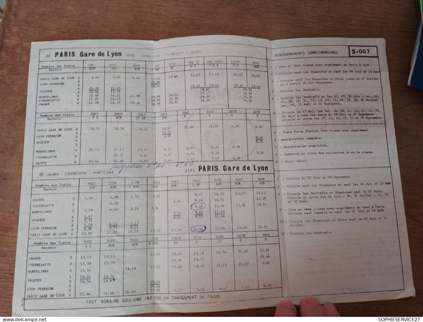 132 // FICHE HORAIRE SNCF 1979 / PARIS - MONTELIMAR PIERRELATTE ORANGE - Europe