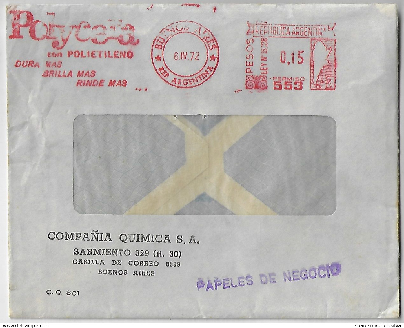 Argentina 1972 Chemical Company Cover From Buenos Aires Meter Stamp Hasler F66/F88 Slogan Polycera With Polyethylene - Lettres & Documents