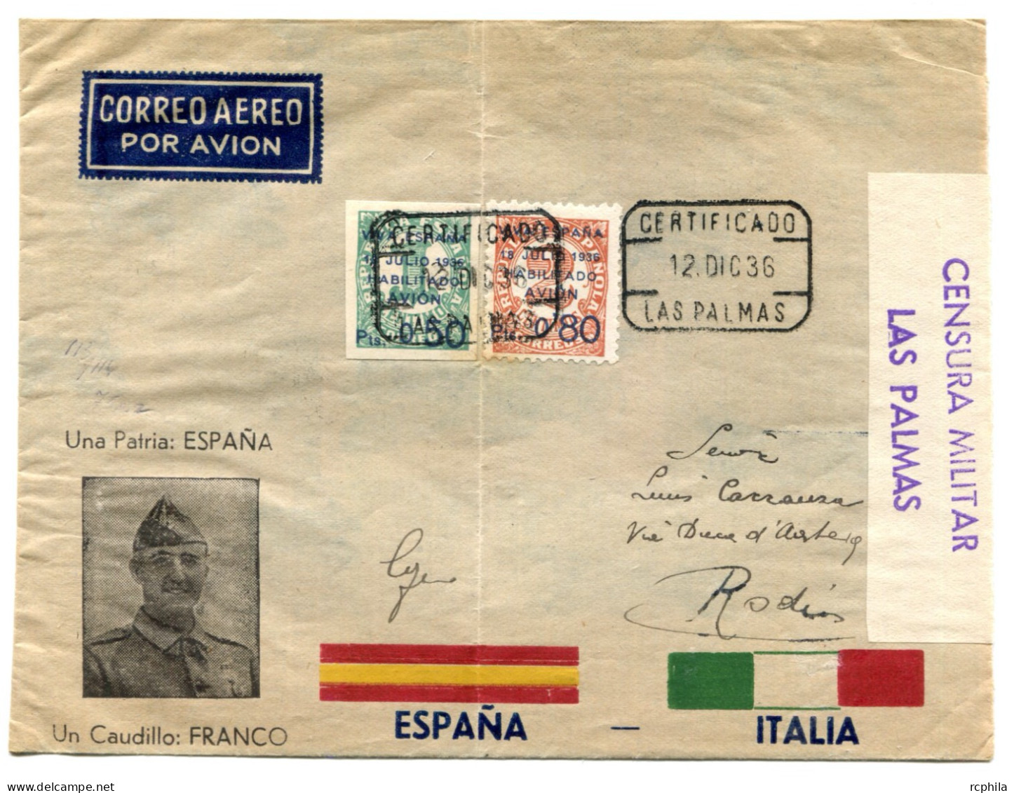 RC 25758 ESPAGNE 1936 LAS PALMAS A RODI EGÉE EGEO 1er VOL LETTRE AVEC CENSURE ET PORTRAIT DE FRANCO - Cartas & Documentos