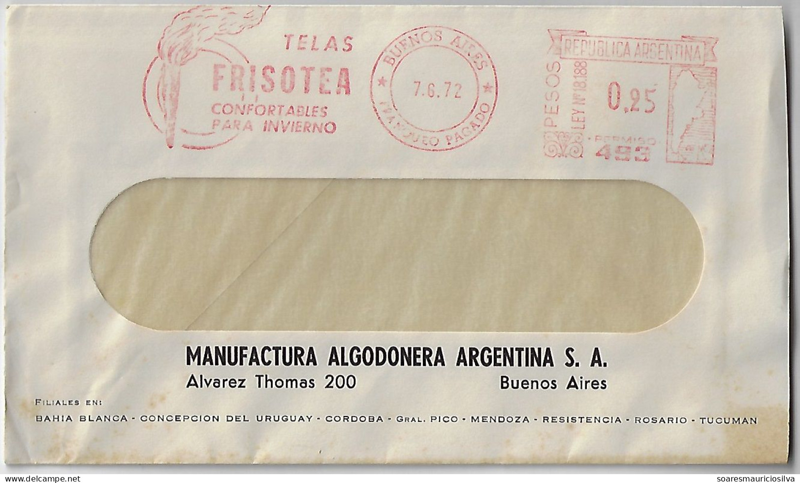 Argentina 1972 Cover From Buenos Aires Meter Stamp Hasler F66/F88 Slogan Frisotea Fabrics Comfortable Winter torch Fire - Covers & Documents