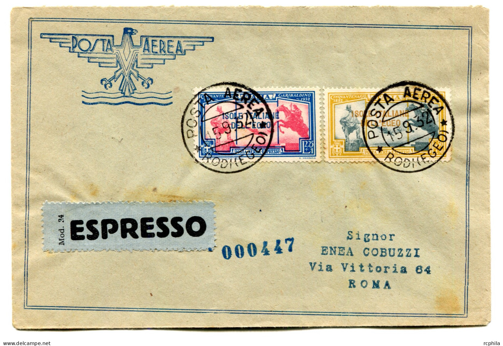 RC 25760 MER EGÉE - EGEO 1932 SERIE ESPRESSO POSTE AERIENNE LETTRE DE RODI POUR ROME ITALIE - COVER RARE TB - Egée