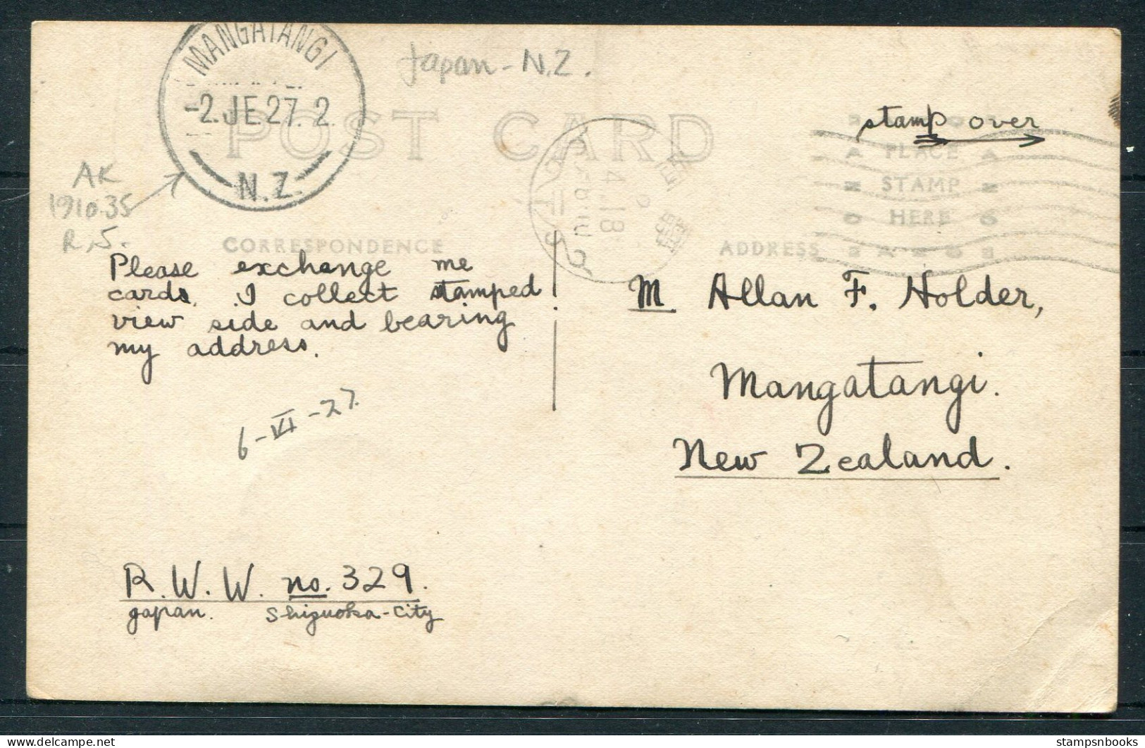 1927 Japan Postcard - Mangatangi, New Zealand - Storia Postale