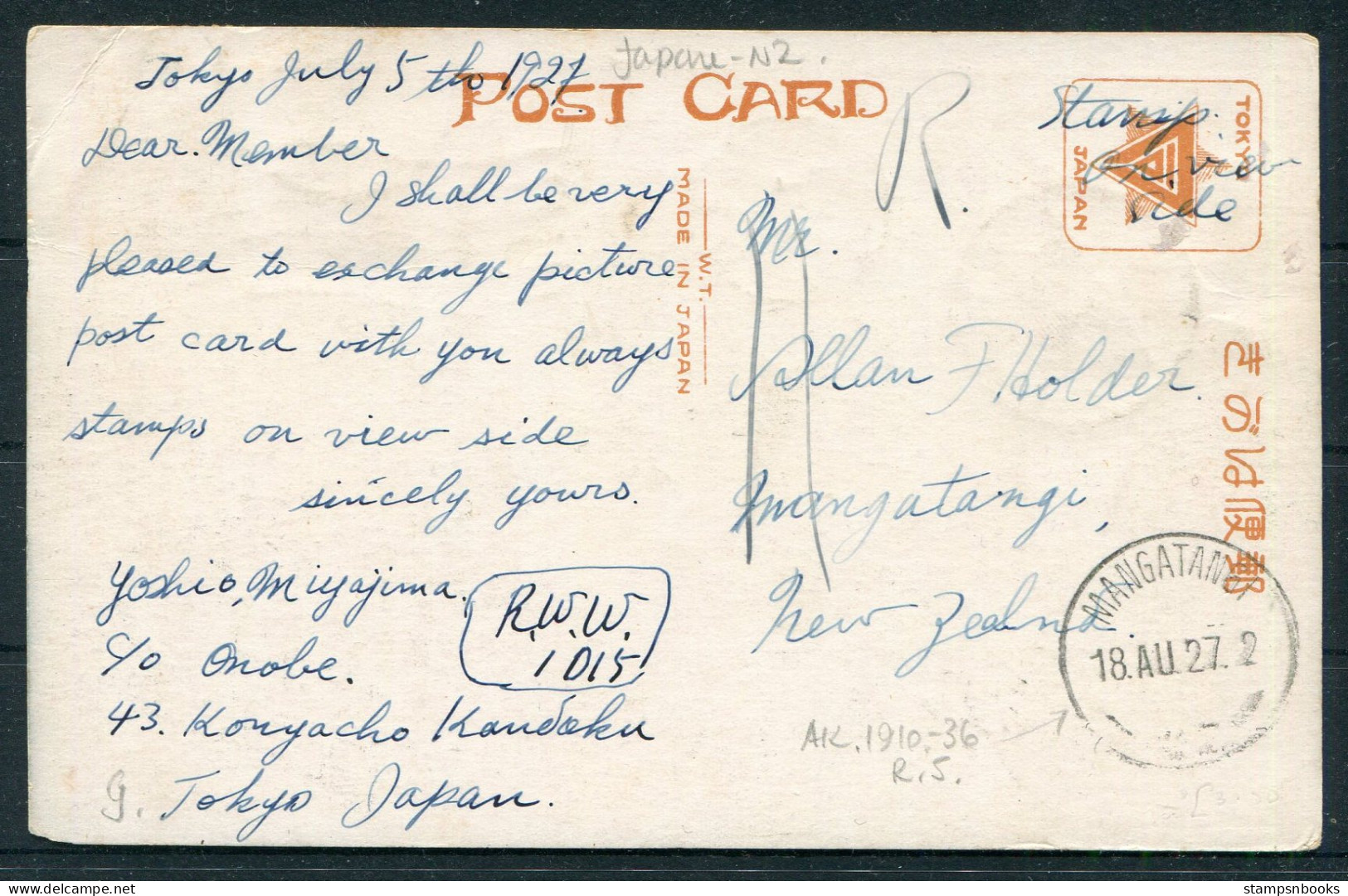 1927 Japan Saigo Statue Meiji Postcard Tokyo - Mangatangi, New Zealand - Lettres & Documents