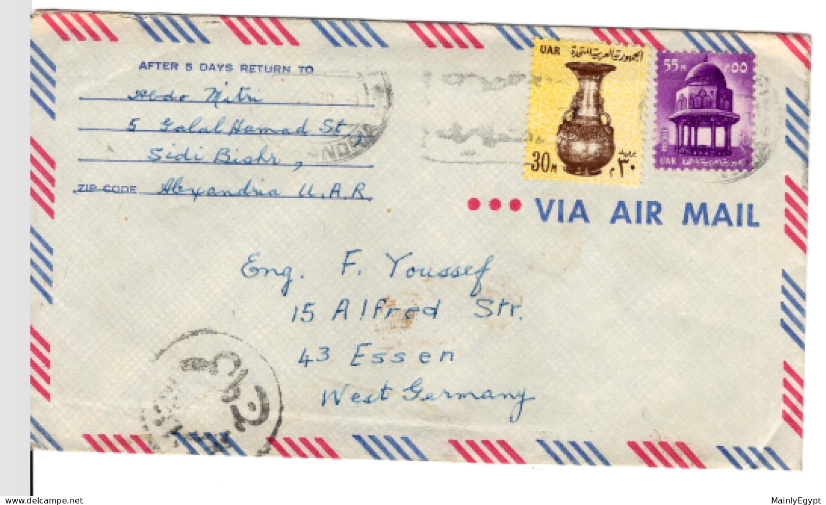 EGYPT: 1969 COVER With Mi. 864 (mosque) And Mi. 725, Mameluke Vase - Alexandria To West Germany (BB271) - Covers & Documents