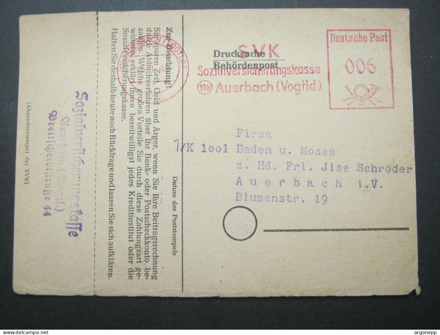 1949 , AUERBACH,   Freistempel Auf Karte - Lettres & Documents