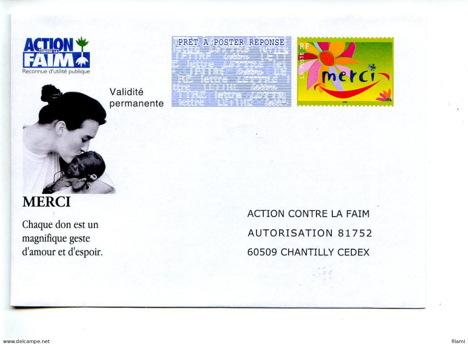 Lettre Entier Prêts-à-poster Merci "Action Contre La Faim" - Prêts-à-poster:Stamped On Demand & Semi-official Overprinting (1995-...)