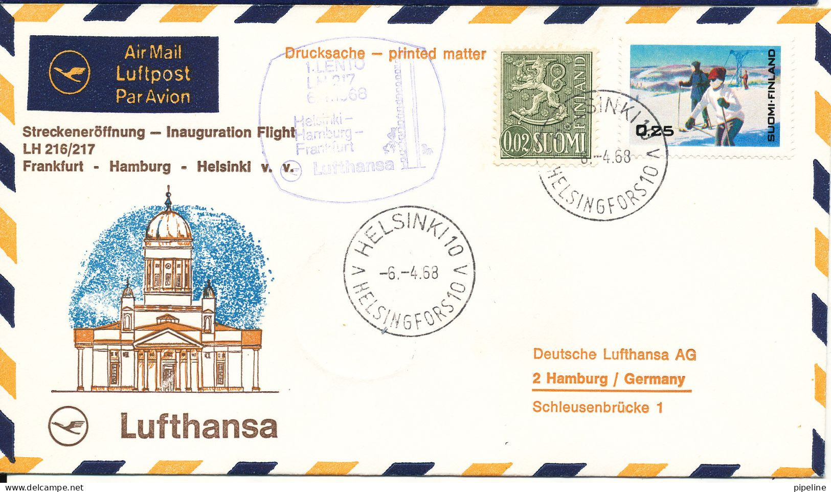 Finland Cover First Flight Lufthansa LH 216/217 Frankfurt - Hamburg - Helsinki 6-4-1968 - Brieven En Documenten