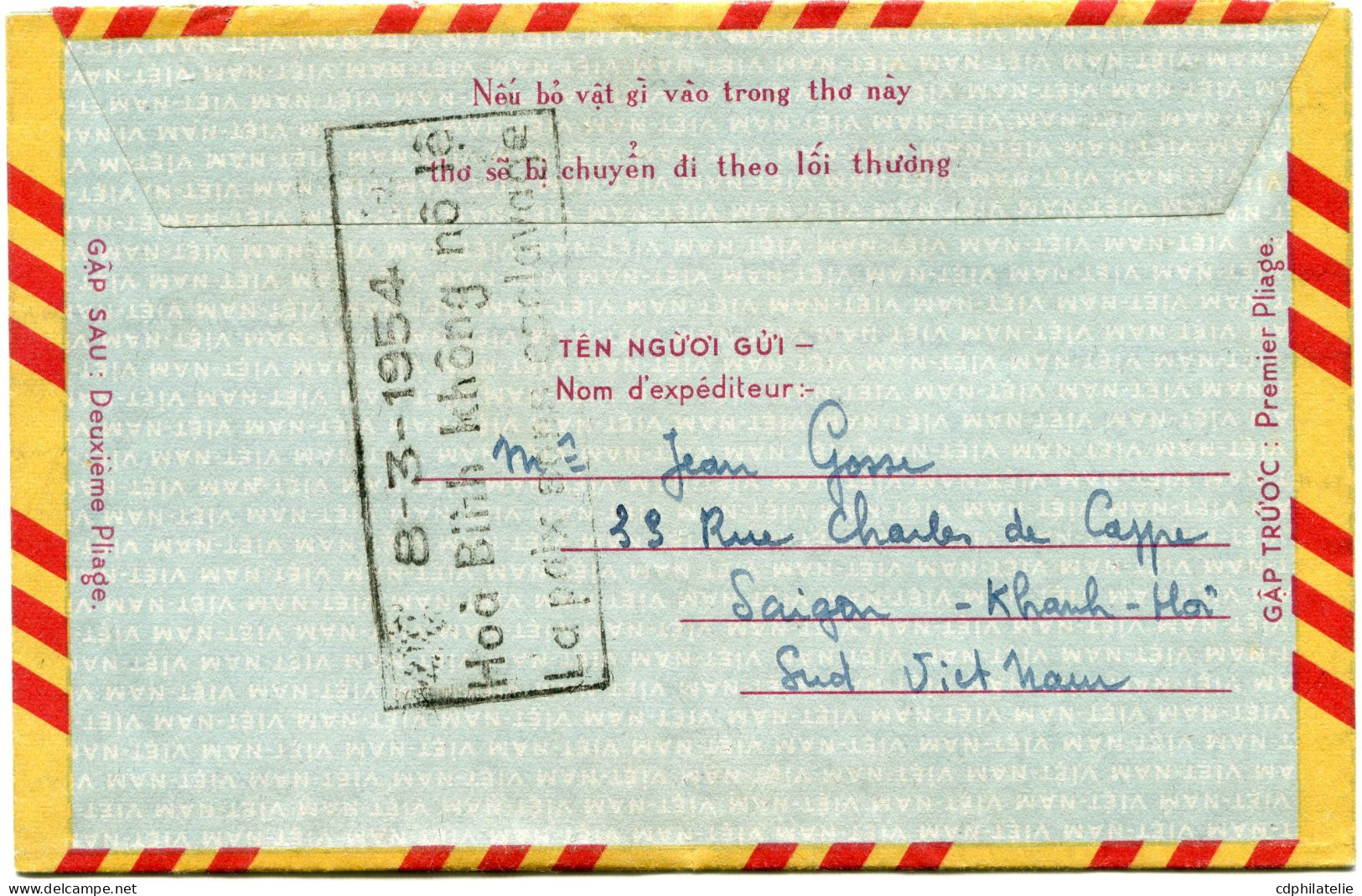 VIET-NAM AEROGRAMME AVEC AU DOS CACHET BILINGUE "8-3-1954 LA PAIX SANS ESCLAVAGE" DEPART SAIGON 8-3-1954 VIET-NAM POUR.. - Viêt-Nam