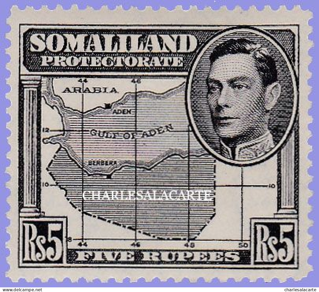 SOMALILAND PROTECTORATE 1938 GEORGE VI  PORTRAIT TO LEFT  5r. BLACK MAP DEFINITIVE STAMP  S.G. 104  L.M.M. - Somaliland (Protectorat ...-1959)