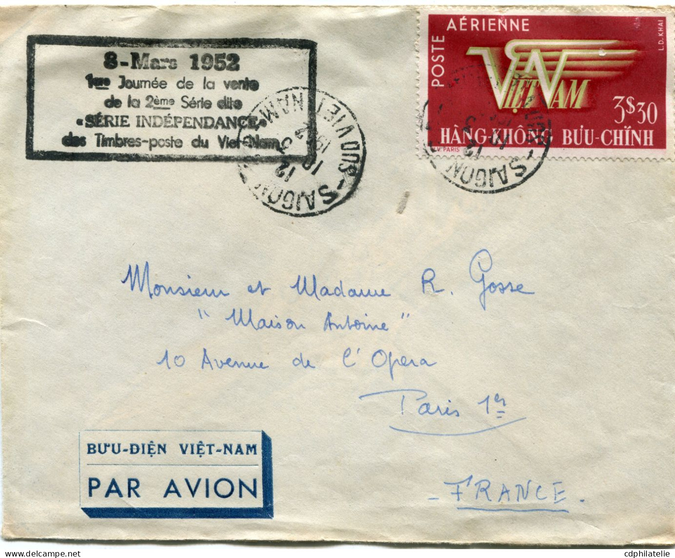 VIET-NAM LETTRE PAR AVION AVEC CACHET "8 MARS 1952 1ere JOURNEE DE LA VENTE..." DEPART SAIGON 10-3-1952 SUD VIET NAM.... - Viêt-Nam