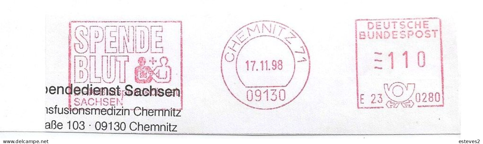 Germany 1998 , Spende Blut , Blood Donation Slogan Postmark On Fragment , Red Cross , Chemnitz , - Autres & Non Classés