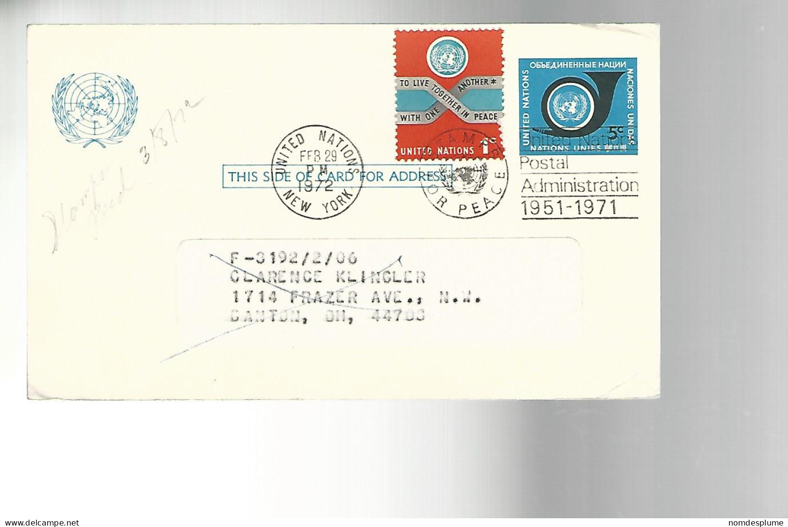 52615 ) United Nations FDC  Stationery Postmark 1972 New York - Used Stamps