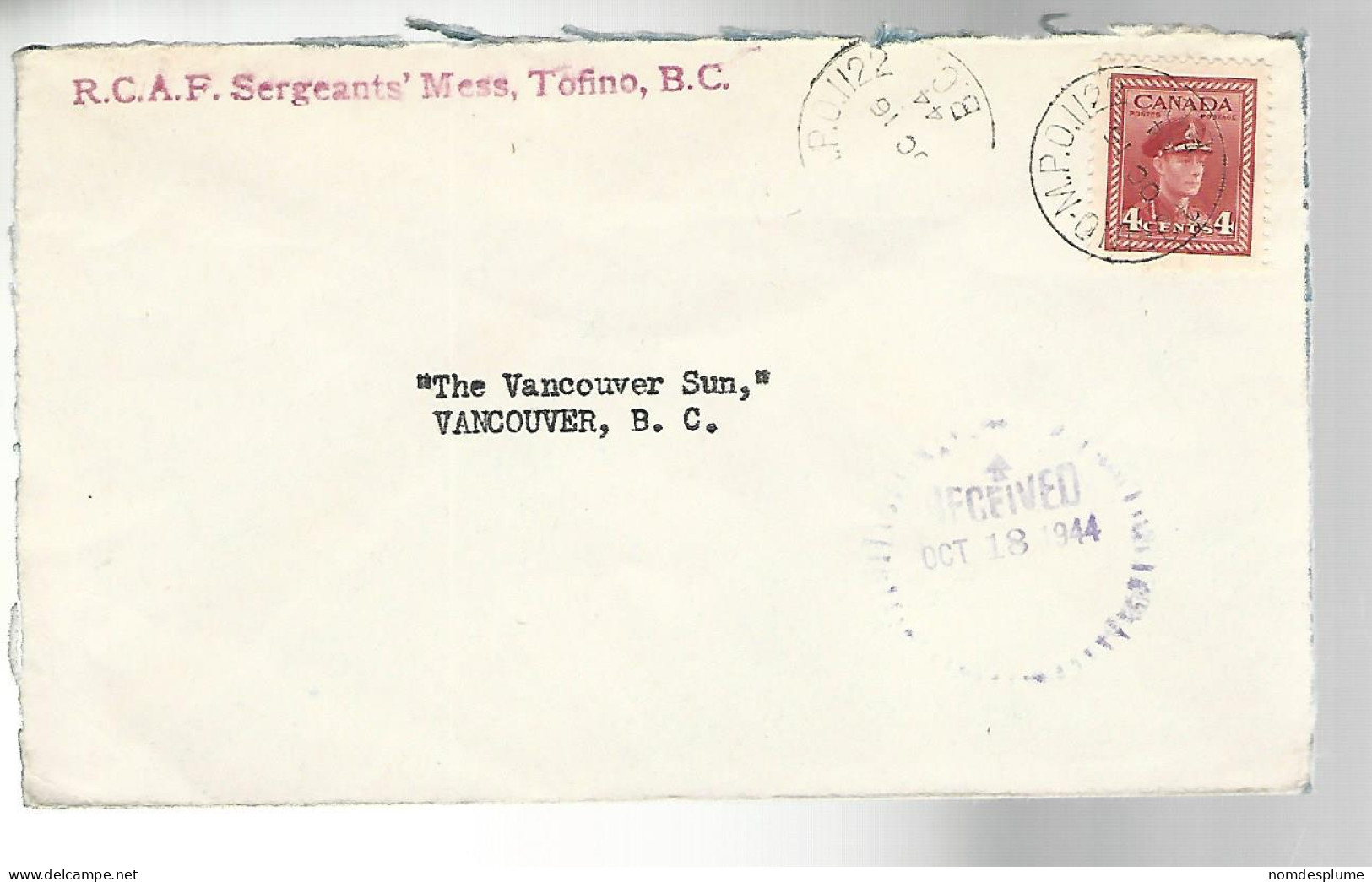 52632 ) Canada Tofino MPO Postmark 1944  - Cartas & Documentos