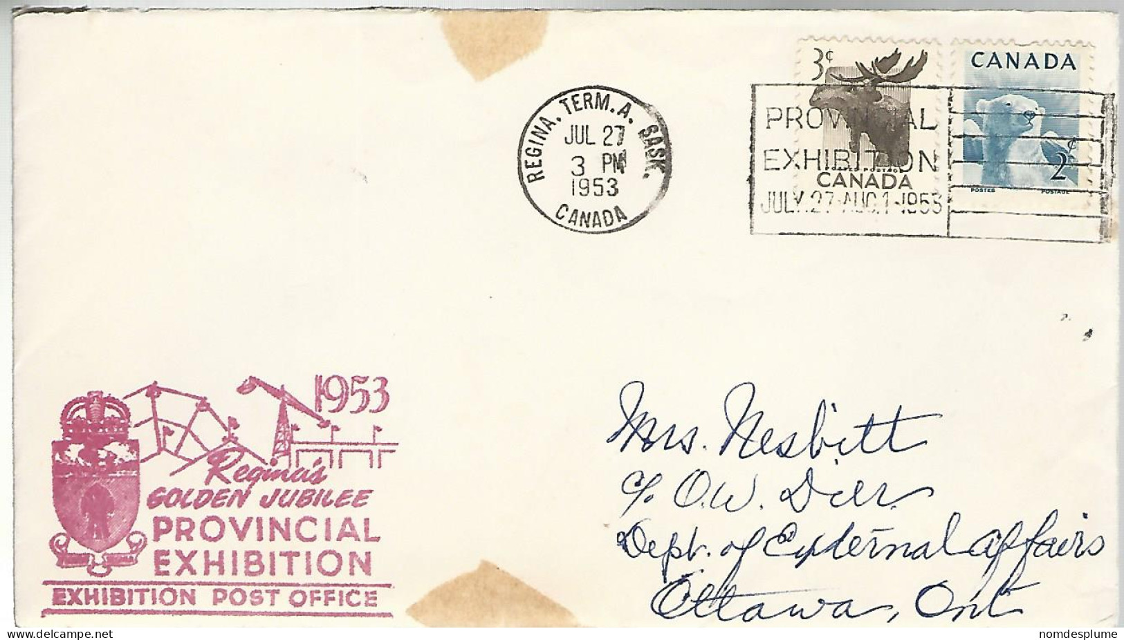 52657 ) Cover Canada Provincial Exhibition Post Office Regina Postmark 1953 - Cartas & Documentos