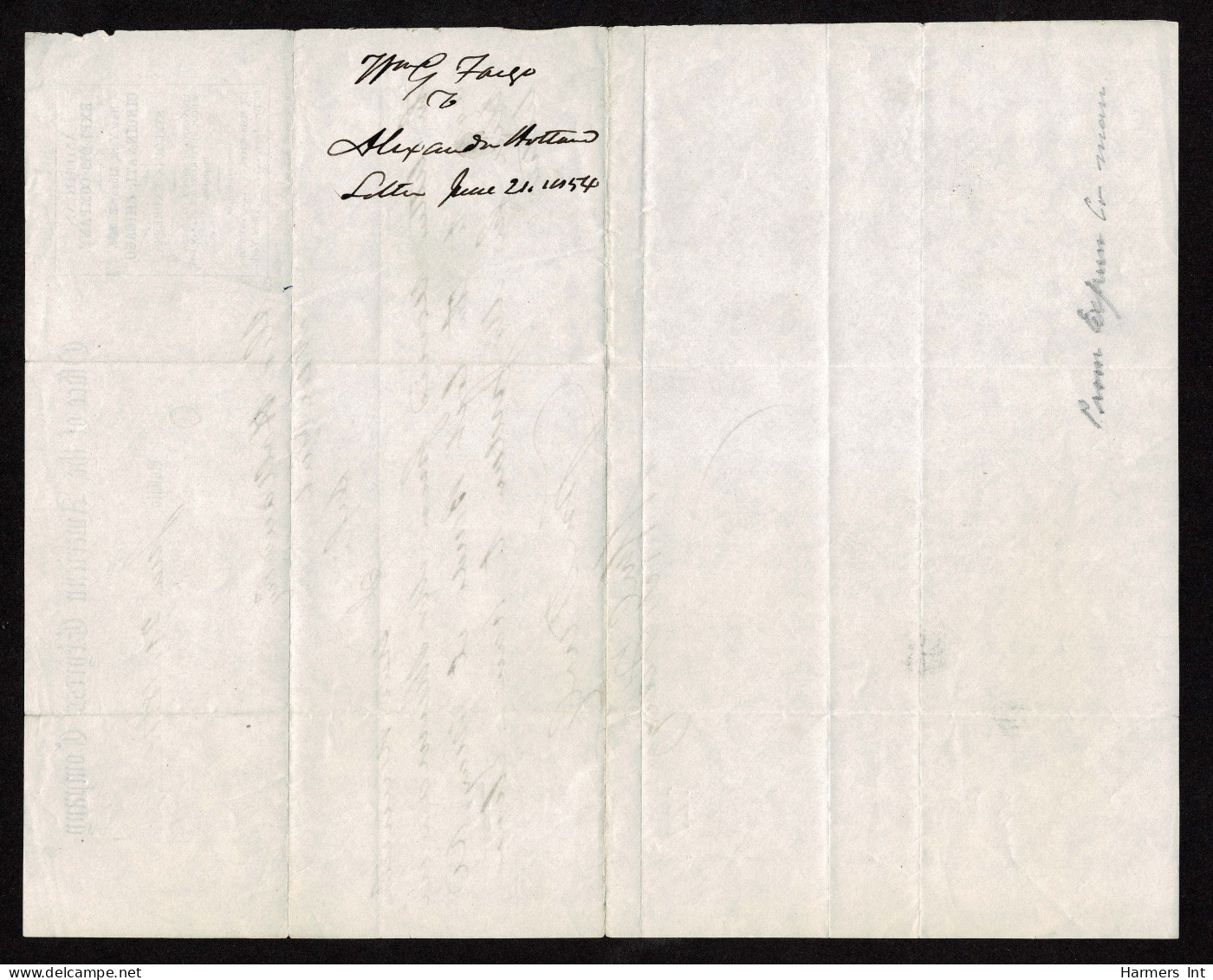 Lot # 001 Autograph; FARGO, WILLIAM G: 1858 American Express Company Letterhead Stationery - Personaggi Storici