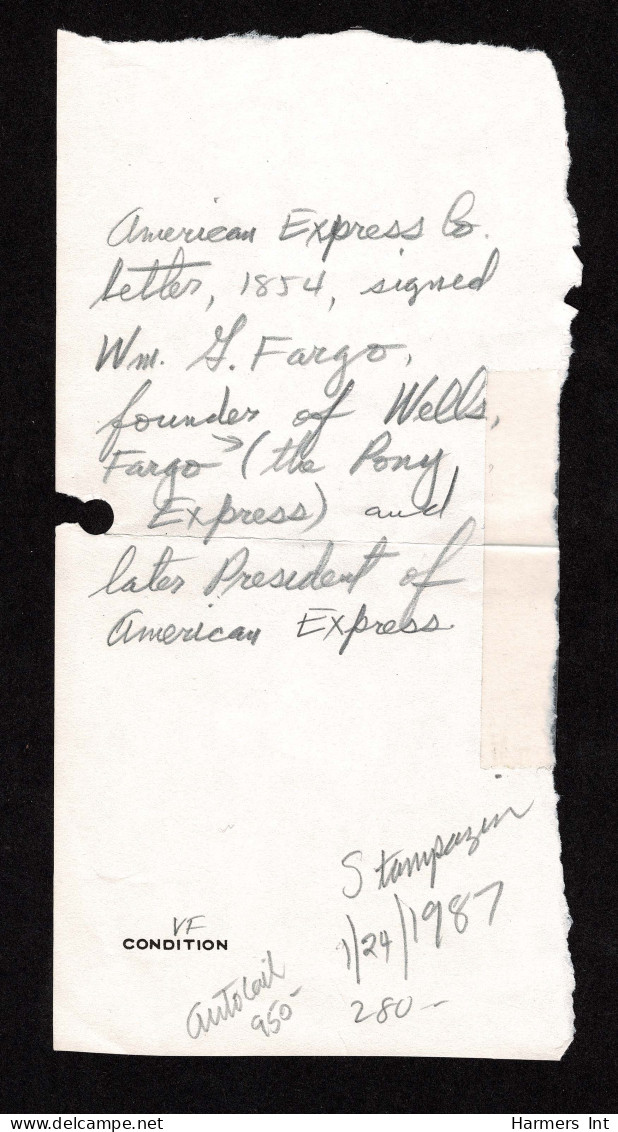 Lot # 001 Autograph; FARGO, WILLIAM G: 1858 American Express Company Letterhead Stationery - Personaggi Storici