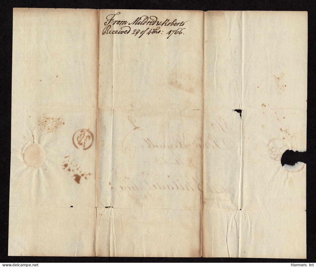 Lot # 005 Colonial; Great Britain To Philadelphia: Mar 1766 Great Britain Folded Lettersheet Bearing Two-line Brown-red  - …-1845 Prephilately