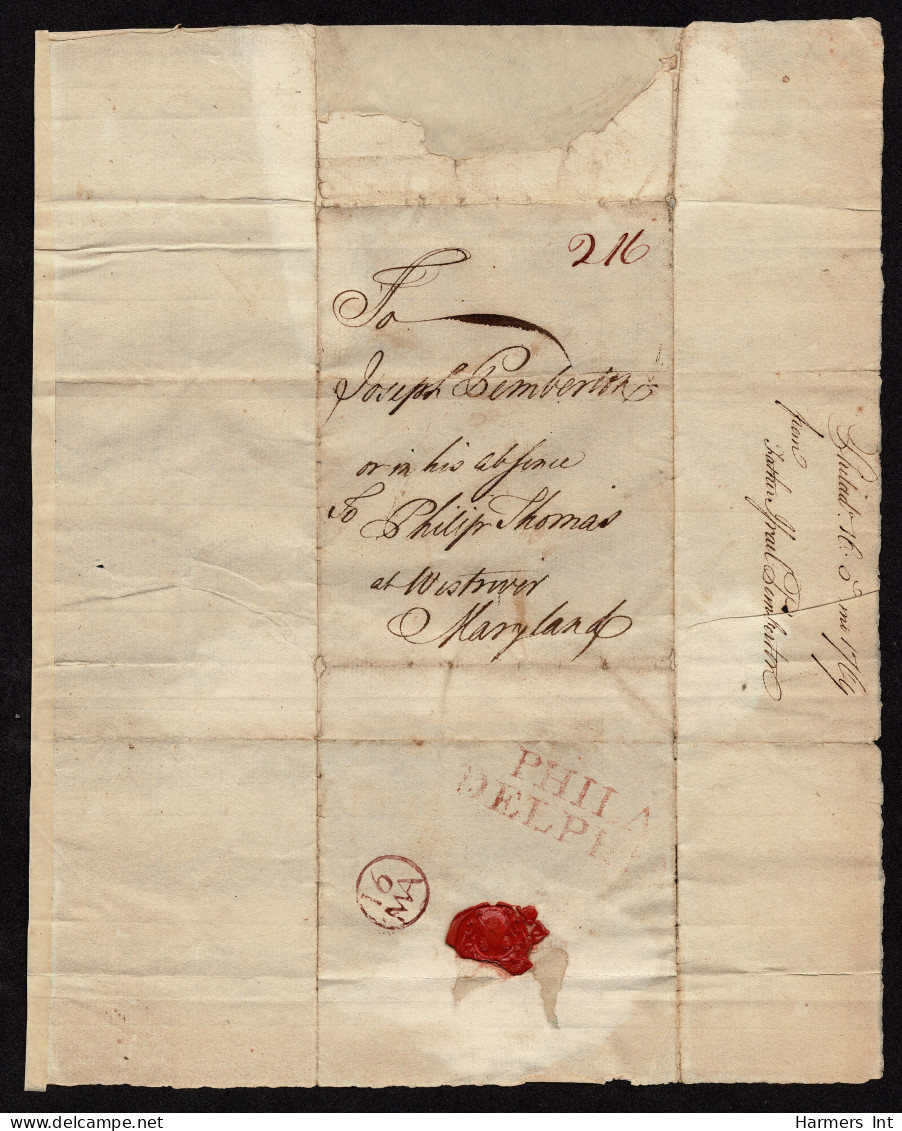 Lot # 006 Colonial: 16.5.1769 Folded Letter Sheet Bearing Large Red Two Line PHILA / DELPHIA Origin And Magenta 16 MA Ci - …-1845 Prephilately