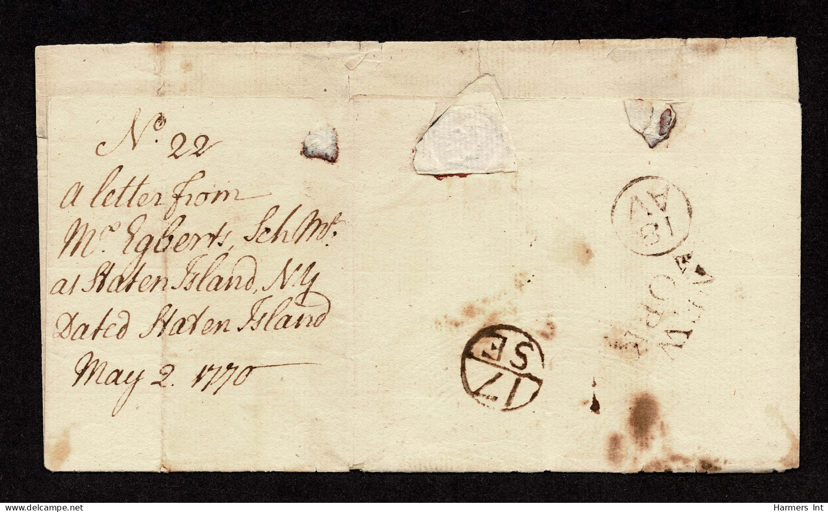 Lot # 007 Colonial: Staten Island To Great Britain, 1770 Oct Folded Letter Sheet - …-1845 Prefilatelia