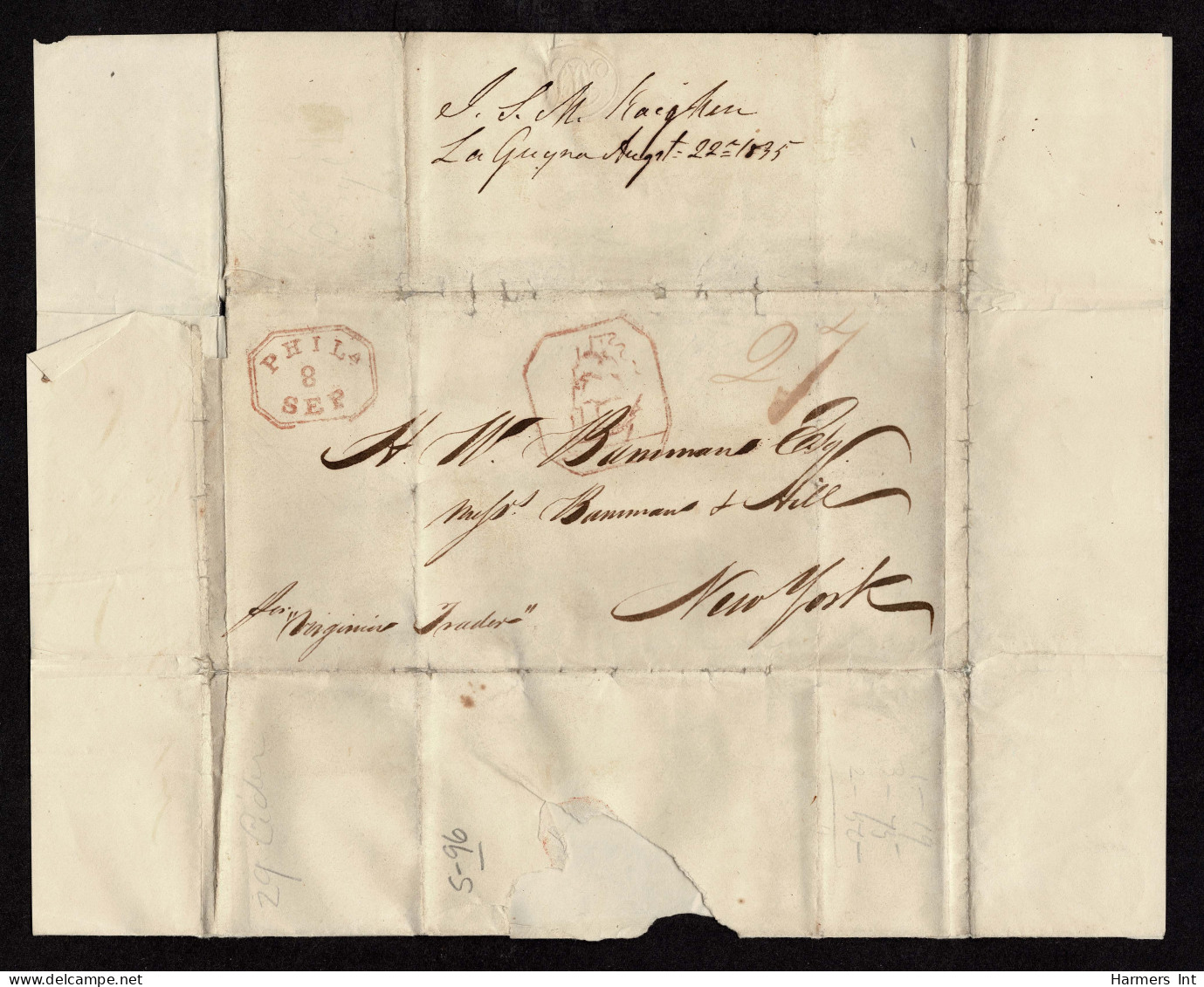 Lot # 009 Philadelphia Full-Rigged Ship: Used From La Guayra, Venezuela To New York; 1835 Folded Letter - …-1845 Prefilatelia