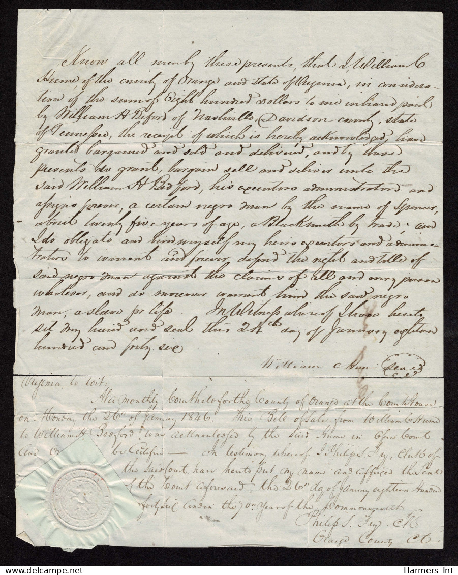 Lot # 012 Slave Document: Jan. 24 1846 Sale Of "a Certain Negro By The Name Of Spencer - …-1845 Préphilatélie