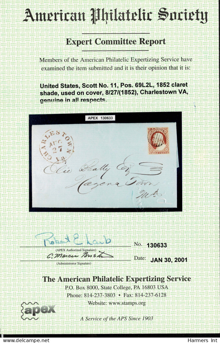 Lot # 022 1852, 3¢ Claret Shade Type I Position 69L2L - Cartas & Documentos