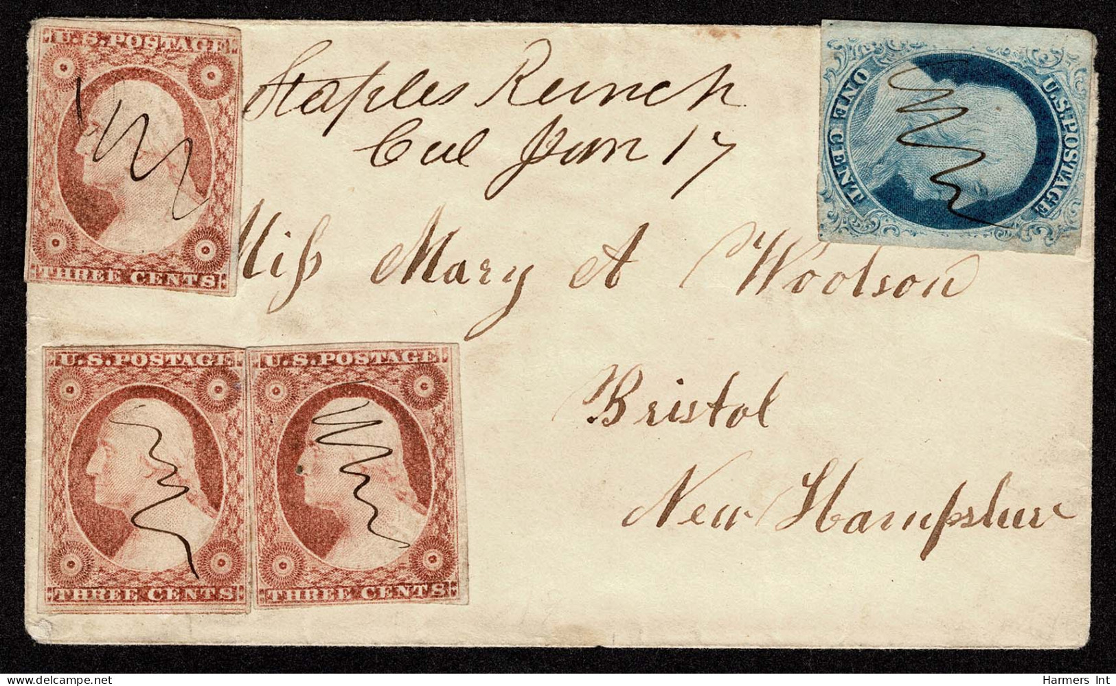 Lot # 025 1852, 3¢ Dull Red, Type II Three Copies And 1852, 1¢ Blue, Type IV - Storia Postale