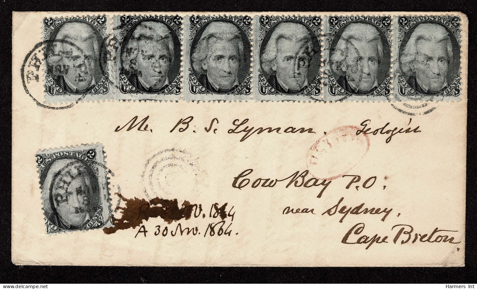 Lot # 038 Used To Cape Breton (Nova Scotia) 1863 2¢ "Black Jack" STRIP Of FIVE Plus 2 Singles - Cartas & Documentos