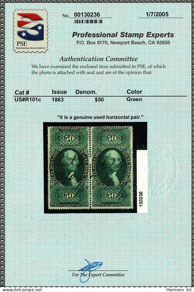 Lot # 079 Revenue, 1863, First Issue, $50 U.S. Internal Revenue, Perforated, PAIR - Non Classificati