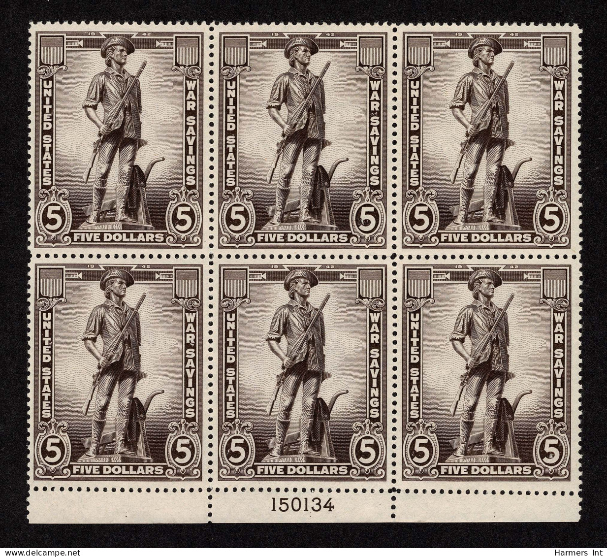 Lot # 080 War Savings, 1945, $5 Violet Brown PLATE BLOCK OF SIX - Unclassified