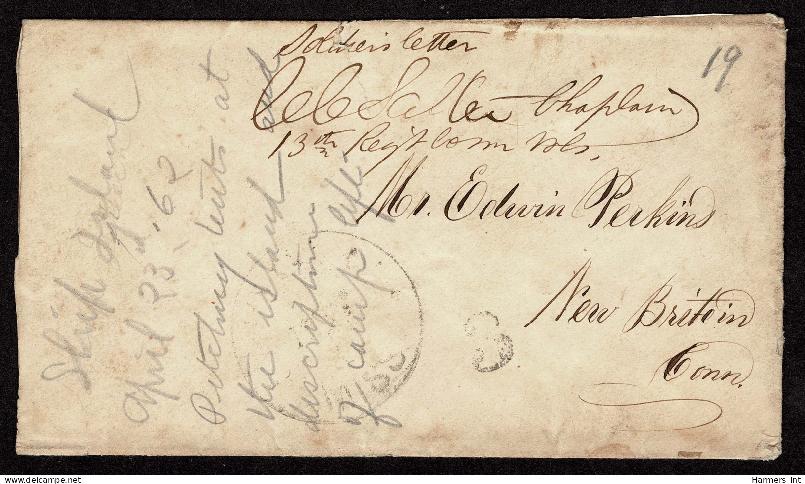 Lot # 083 Confederate States: 1860's Four stampless envelopes all addressed to the Perkins family in New Britain Conn, T
