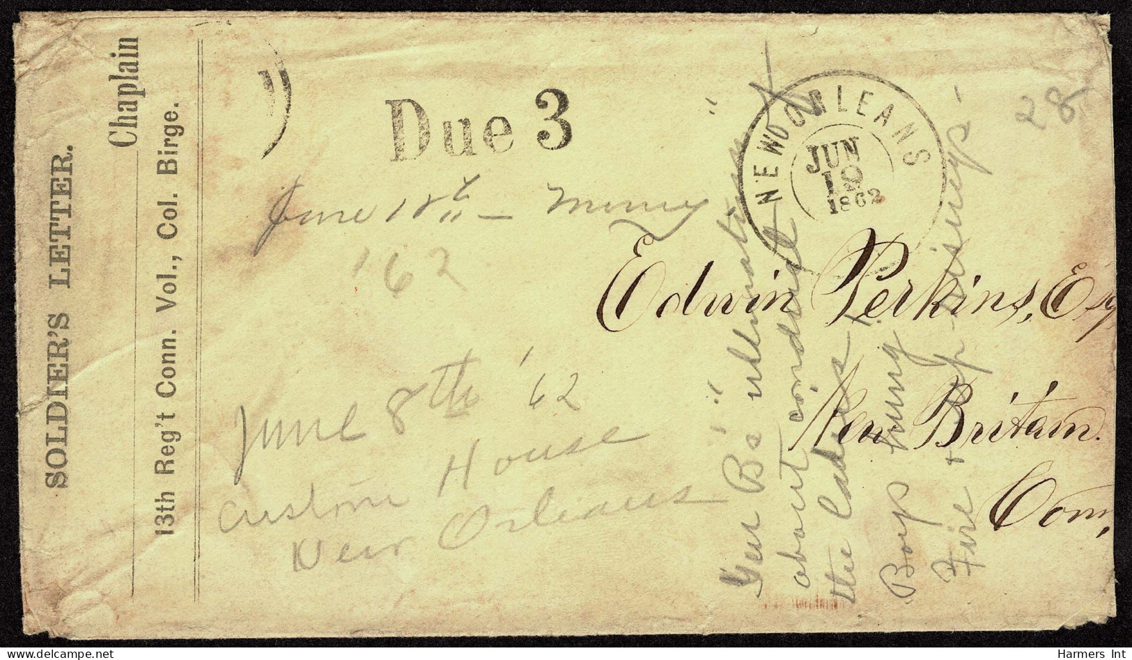 Lot # 083 Confederate States: 1860's Four stampless envelopes all addressed to the Perkins family in New Britain Conn, T