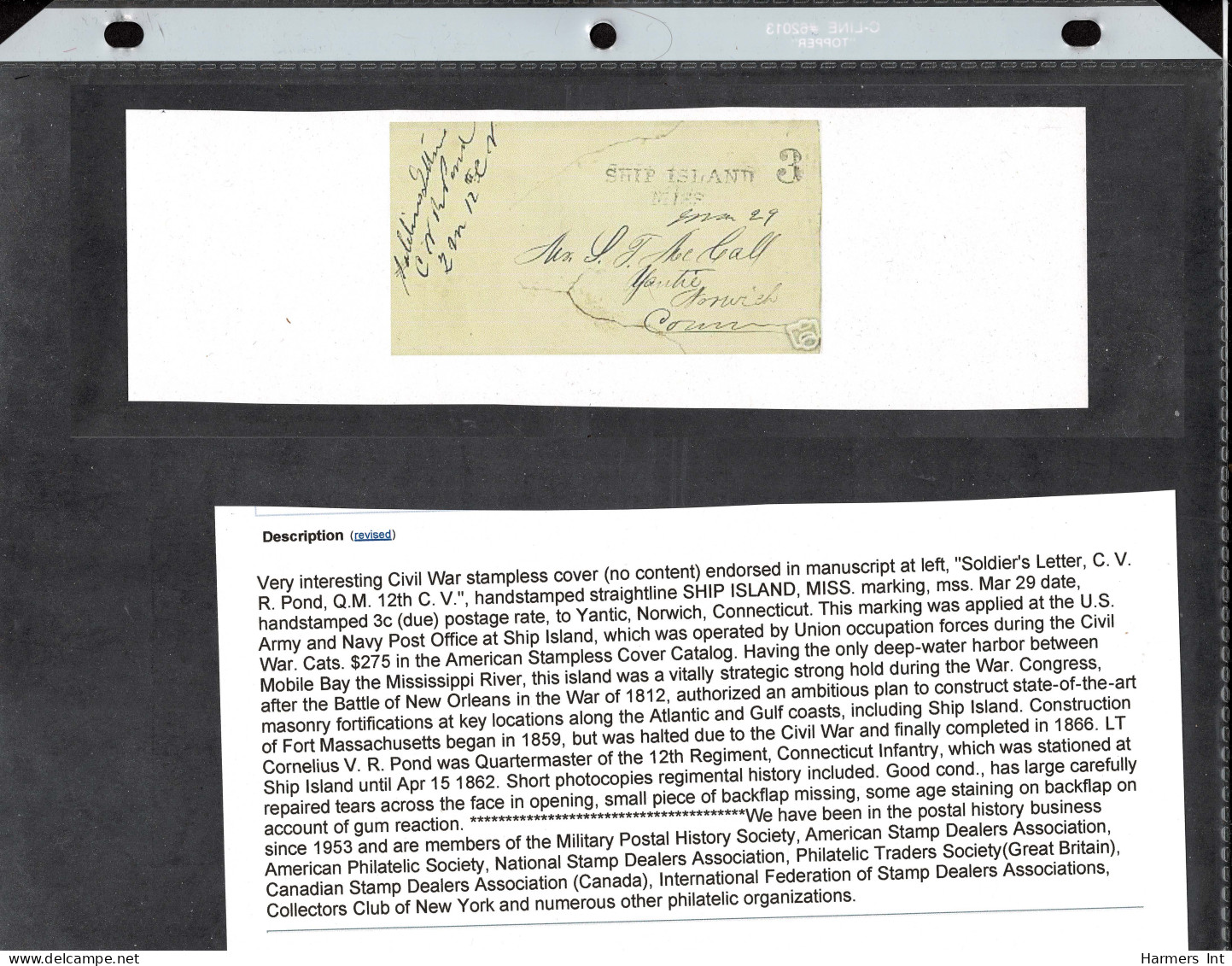 Lot # 083 Confederate States: 1860's Four stampless envelopes all addressed to the Perkins family in New Britain Conn, T