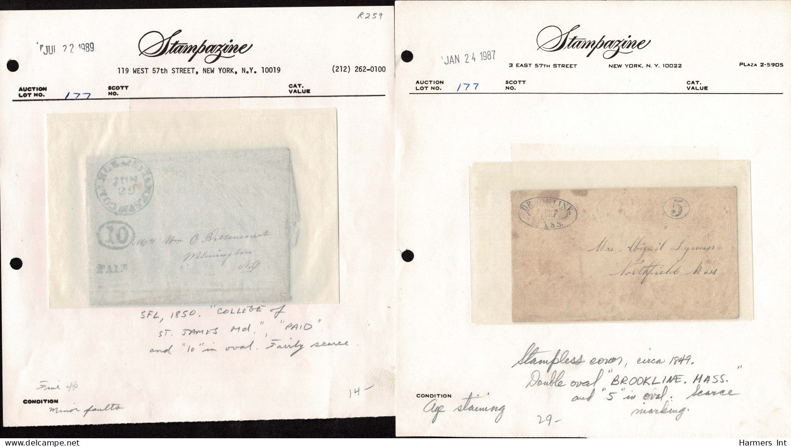 Lot # 096 Stampless Covers: 15 covers 1840's & 50's all bearing numeral handstamps in black, red or blue