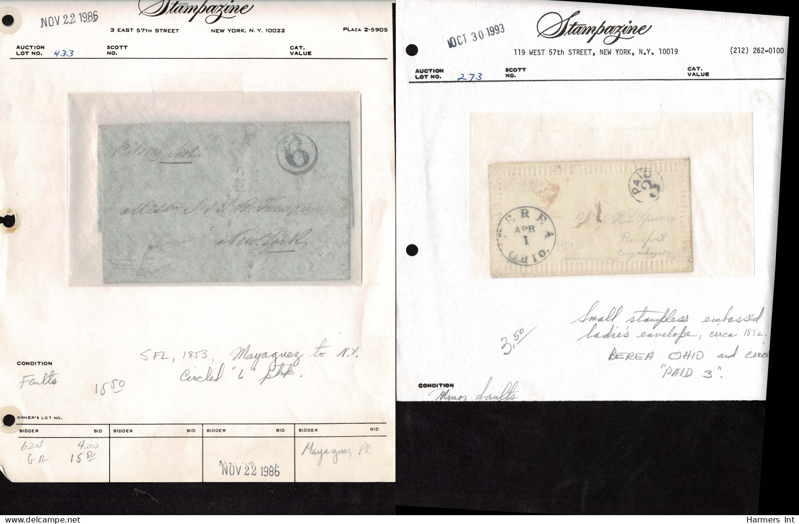 Lot # 096 Stampless Covers: 15 covers 1840's & 50's all bearing numeral handstamps in black, red or blue