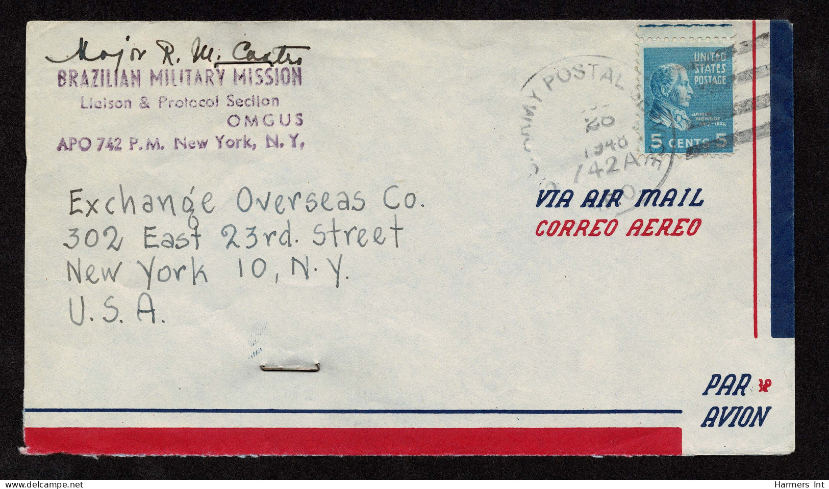 Lot # 112 Brazilian Military Mission Air Mail Envelope: Bearing 1938, 5¢ Monroe Blue - Covers & Documents