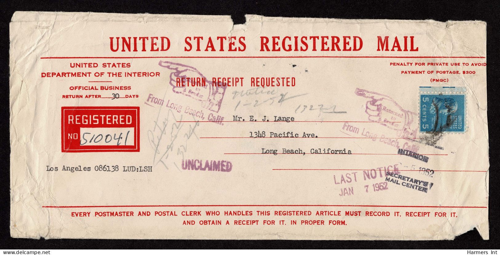 Lot # 113 Registered Penalty Mail: 1938, 5¢ Monroe Bright Blue Used On Registered Penalty Mail Returned To Recipient. - Lettres & Documents