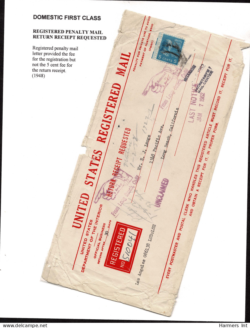 Lot # 113 Registered Penalty Mail: 1938, 5¢ Monroe Bright Blue Used On Registered Penalty Mail Returned To Recipient. - Cartas & Documentos