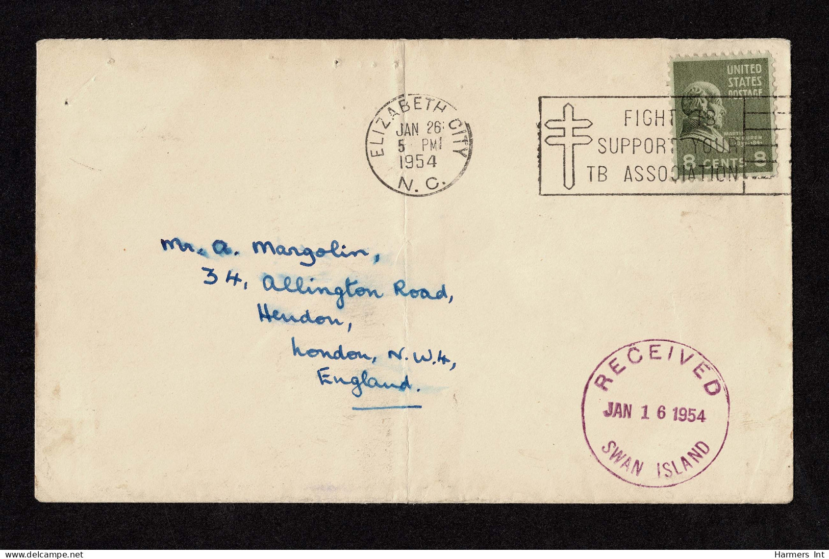 Lot # 121 International First Class Foreign Surface Rate: 1954 Envelope Bearing 1938, 8¢ Van Buren Olive Green - Storia Postale