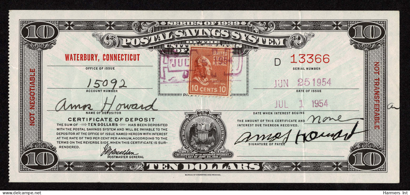 Lot # 122 Fiscal Usage: 1954 Postal Savings Certificate Bearing 1938, 10¢ Tyler Brown Red - Covers & Documents